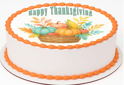 Custom Edible Cake Topper – Thanksgiving Color me thankful Design – Pre-cut 8" Round Icing Sheet – RA Pape