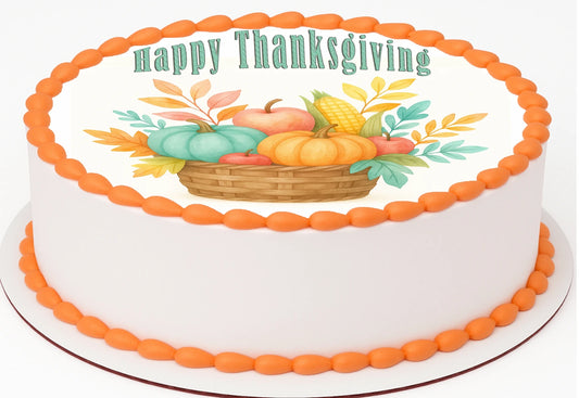 Custom Edible Cake Topper – Thanksgiving Color me thankful Design – Pre-cut 8" Round Icing Sheet – RA Pape