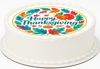 Edible icing cake topper with 'Happy Thanksgiving' decoration featuring colorful leaves and a turkey.