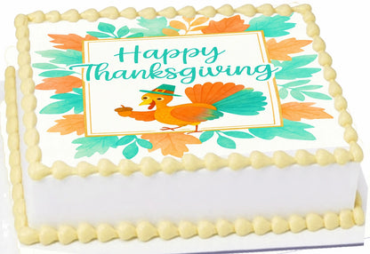 Thanksgiving-themed cake topper with turkey and leaves on a edible image sheet