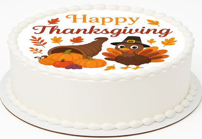 Thanksgiving-themed cake topper with turkeys, pumpkins, and leaves on a edible image.