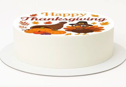White cake topper with 'Happy Thanksgiving' text, turkeys, and pumpkins on a edible image.