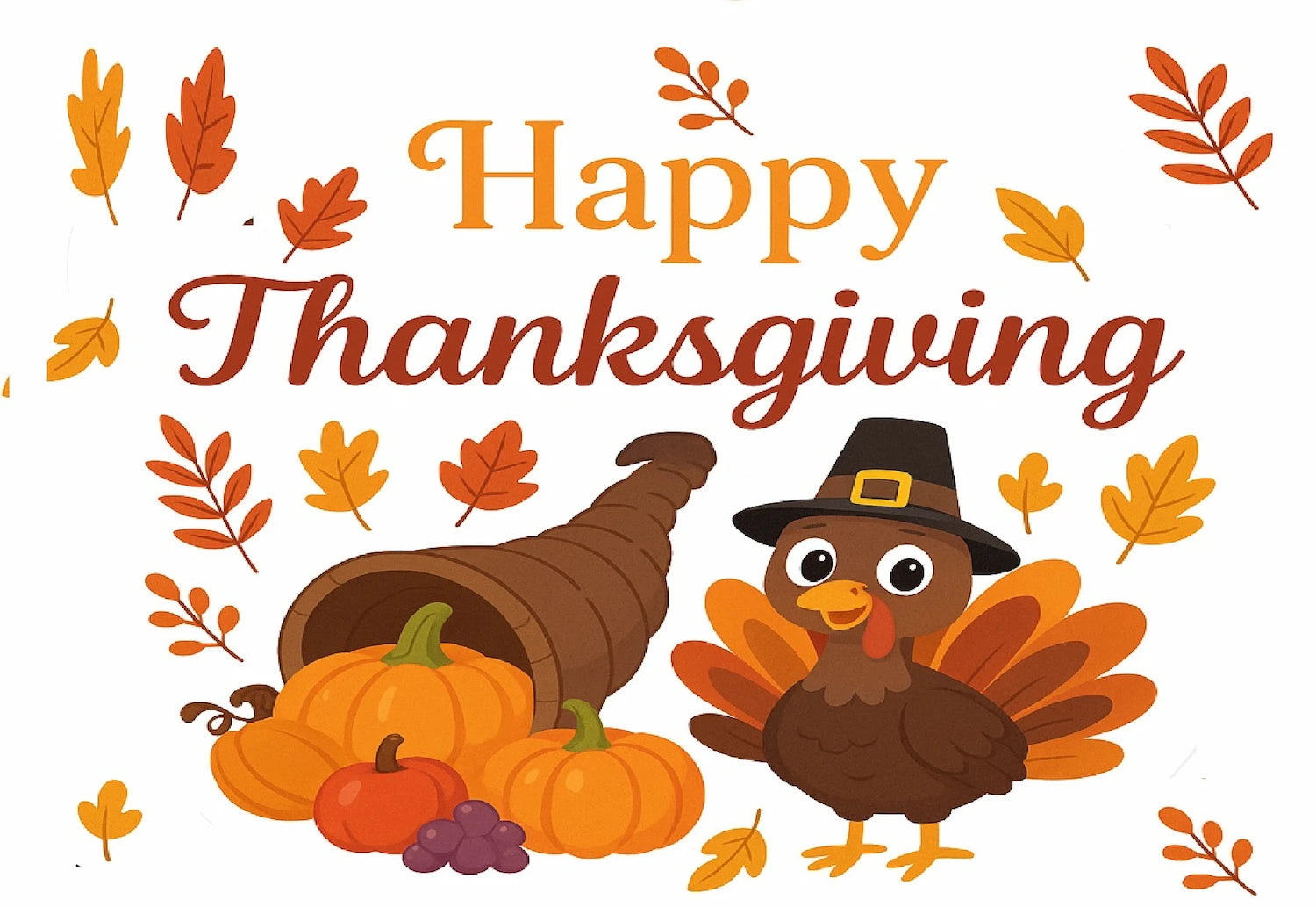 Happy Thanksgiving text with a turkey, cornucopia, and pumpkins on a edible image sheet cake topper.