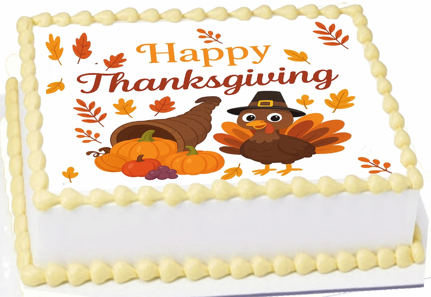 Custom Edible Cake Topper – Thanksgiving Cornucopia Cutie Design – 1/4 Sheet Cake (9x13) – Precut Icing Sheet – RA Pape