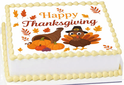 Custom Edible Cake Topper – Thanksgiving Cornucopia Cutie Design – 1/4 Sheet Cake (9x13) – Precut Icing Sheet – RA Pape