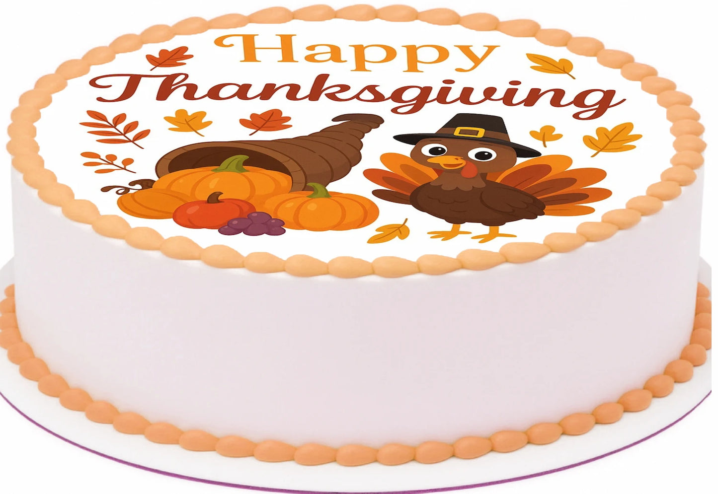 Thanksgiving-themed cake topper with turkeys, pumpkins, and leaves on a edible image.