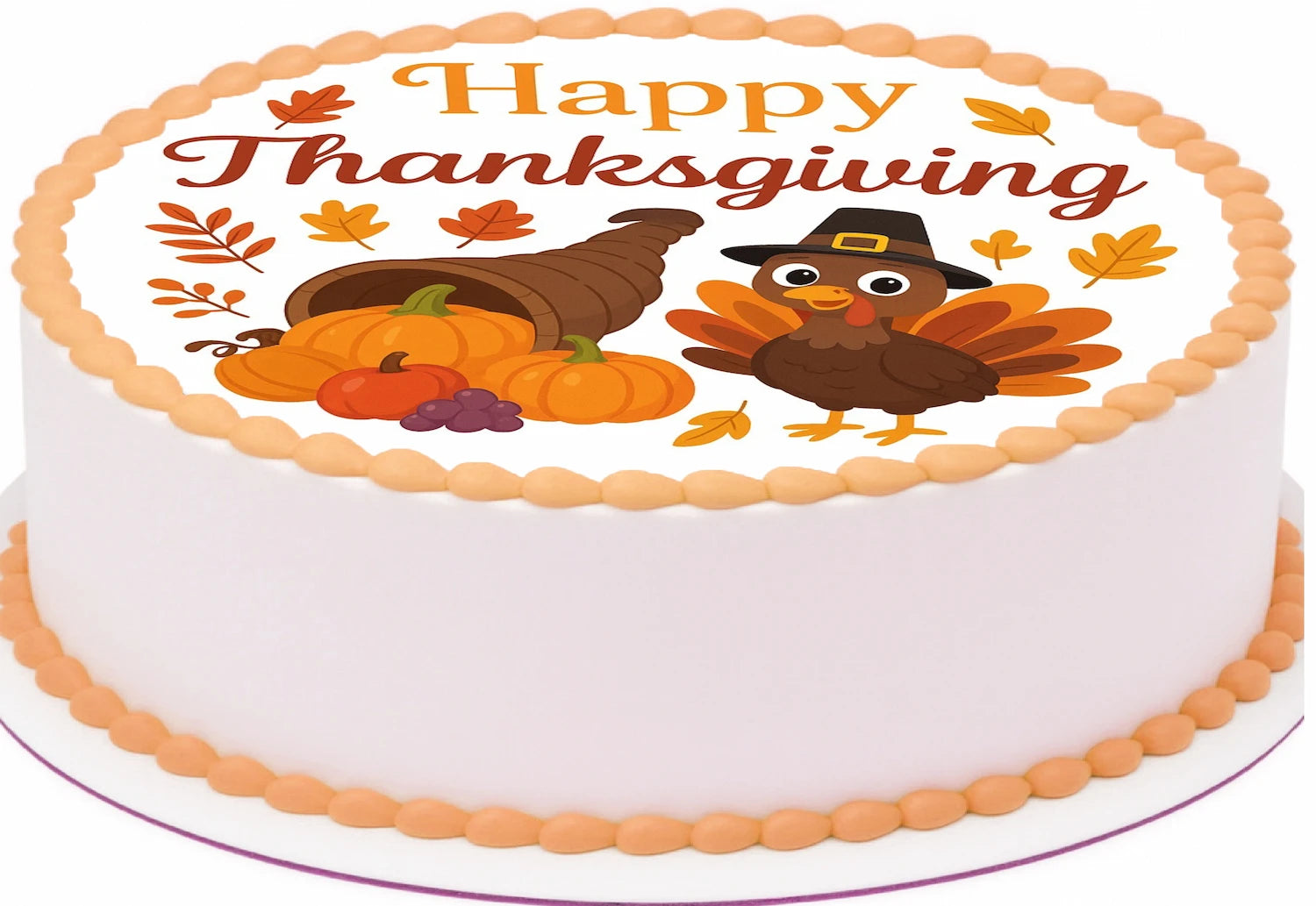 Thanksgiving-themed cake topper with turkeys, pumpkins, and leaves on a edible image.