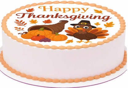 Thanksgiving-themed cake topper with turkeys, pumpkins, and leaves on a edible image.