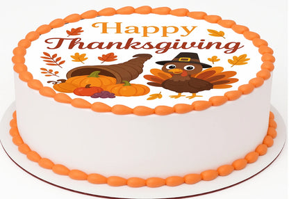 Custom Edible Cake Topper – Thanksgiving Cornucopia Cutie Design – Pre-cut 8" Round Icing Sheet – RA Pape
