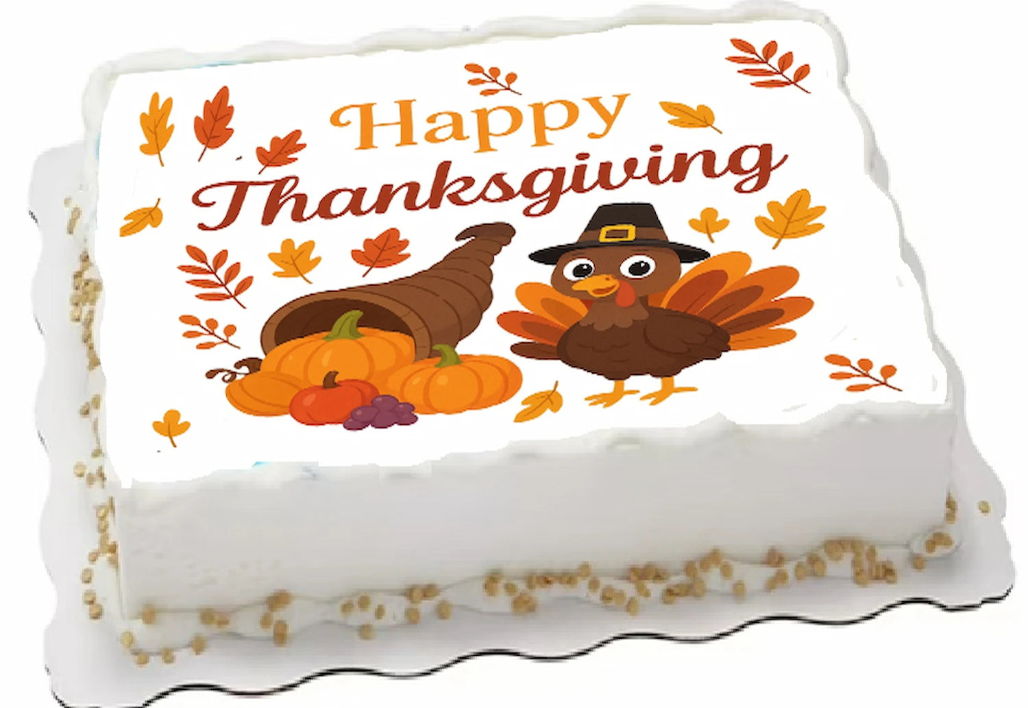 Thanksgiving-themed sheet cake topper with turkeys, pumpkins, and 'Happy Thanksgiving' text on edible image