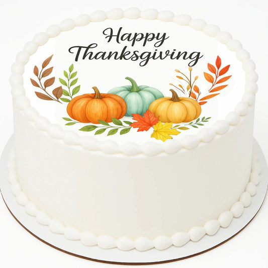 Thanksgiving Edible Image Cake Topper – Blushing Harvest Design – Precut 8" Round Icing Sheet – RA Pape