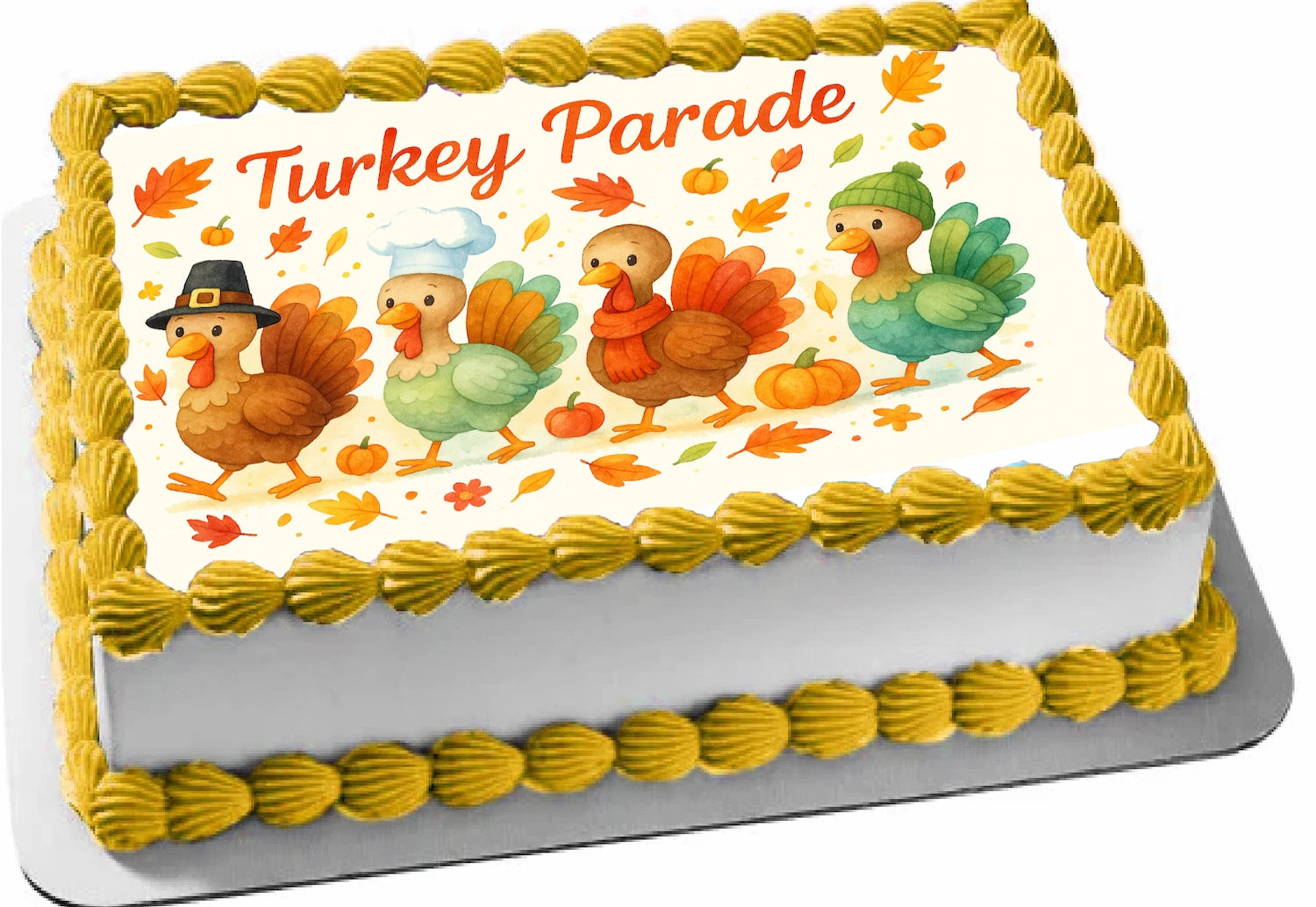 Sheet cake topper edible image for Thanksgiving with 'Turkey Parade' design featuring cartoon turkeys and autumn elements.