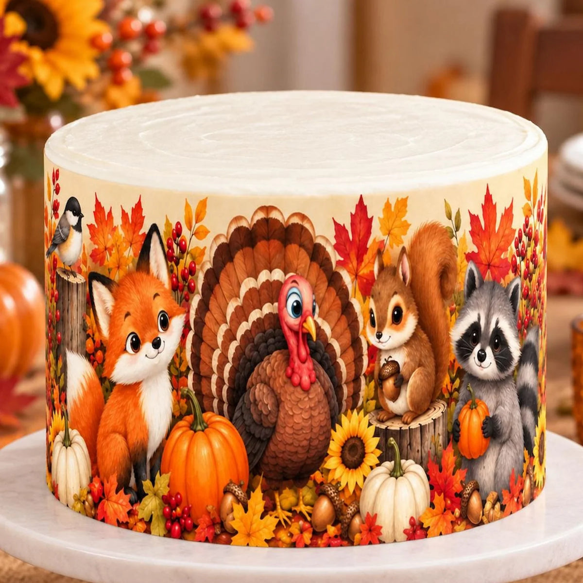 Celebration Thanksgiving Edible Image Cake Wrap, Seamless Woodland Animal Party Icing Sheet - RA Pape