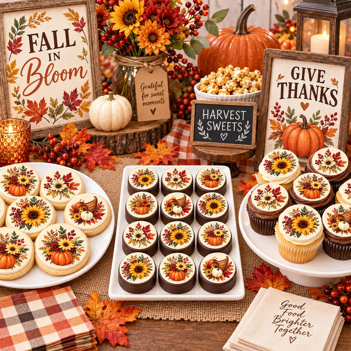 Celebrate with our Thanksgiving Edible Image Cookie-Cupcake Topper - Fall in Bloom - 20 Precut Icing Sheet- RA Pape