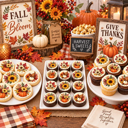 Celebrate with our Thanksgiving Edible Image Cookie-Cupcake Topper - Fall in Bloom - 20 Precut Icing Sheet- RA Pape