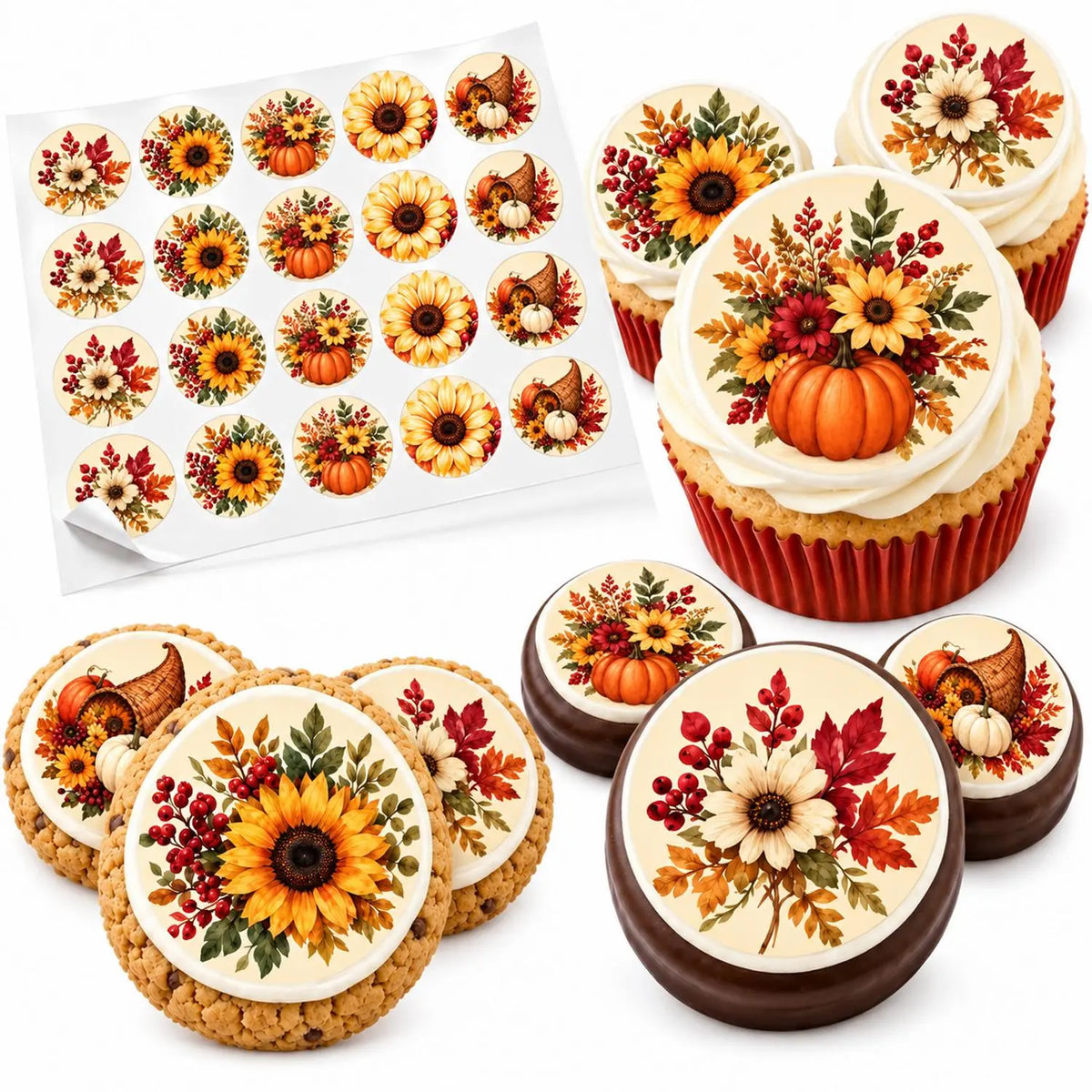 Thanksgiving Edible Image Cookie-Cupcake Topper - Fall in Bloom - 20 Precut Icing Sheet- RA Pape Cookie Collection