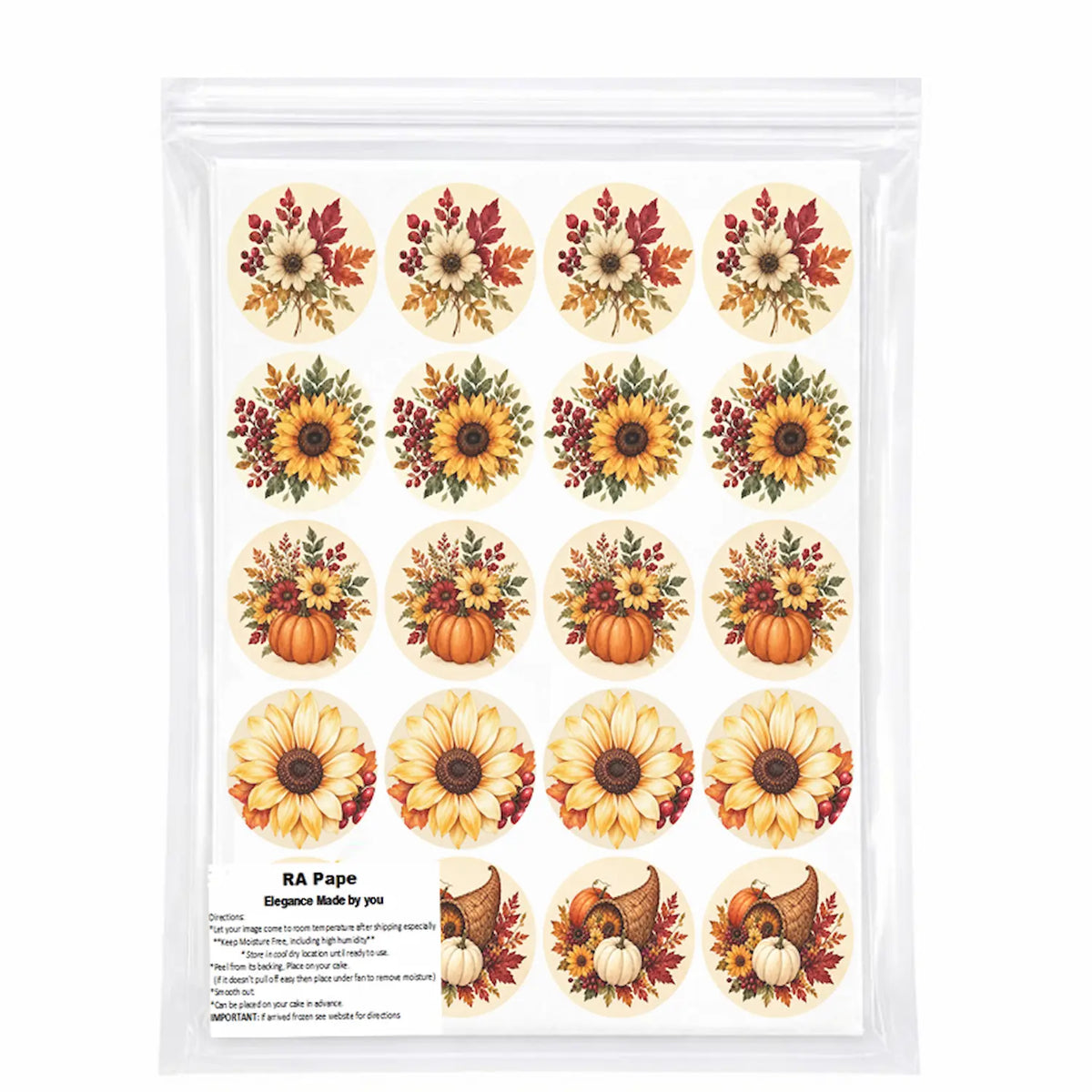 We send you Thanksgiving Edible Image Cookie-Cupcake Topper - Fall in Bloom - 20 Precut Icing Sheet- RA Pape ready to use sealed in it's own bag