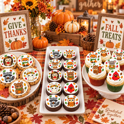 Celebrate with our Thanksgiving Edible Image Cookie-Cupcake Topper - Woodland Critters - 20 Precut Icing Sheet- RA Pape
