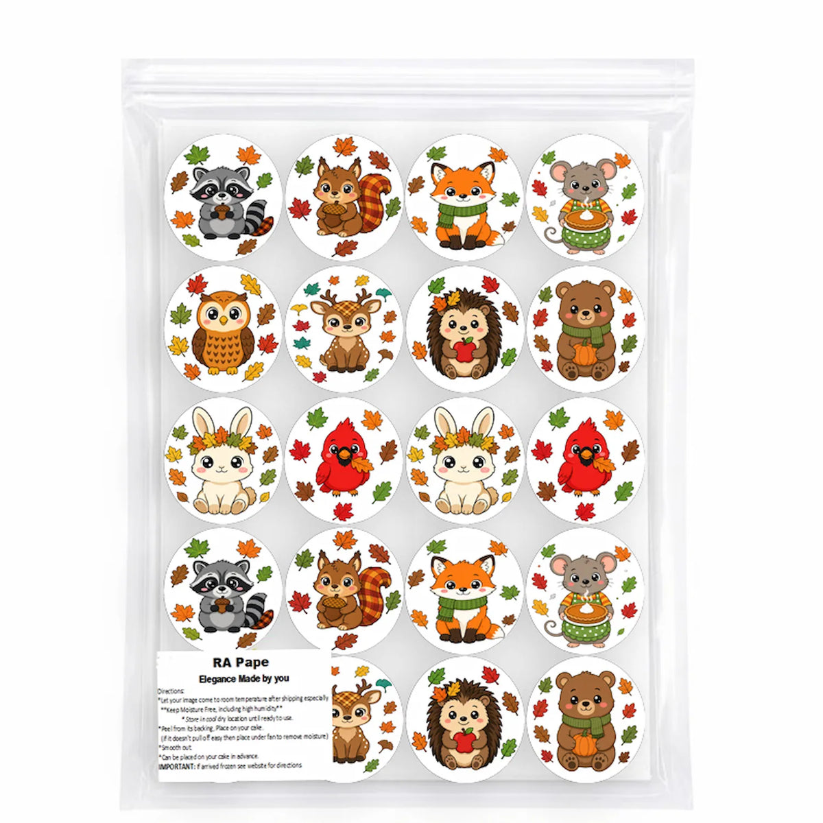 We send you Thanksgiving Edible Image Cookie-Cupcake Topper - Woodland Critters - 20 Precut Icing Sheet- RA Pape sealed in it's own bag, ready to apply