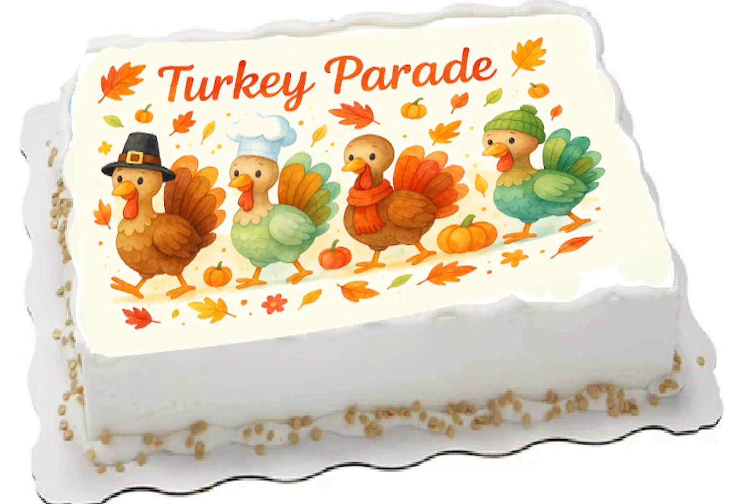 Edible image cake topper with cartoon turkeys and autumn leaves, labeled 'Turkey Parade' for thanksgiving
