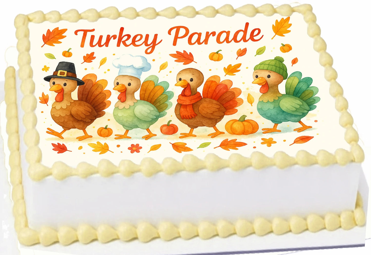 Thanksgiving cake topper edible image with cartoon turkeys and 'Turkey Parade' text.