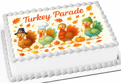 Edible icing cake topper for Thanksgiving with 'Turkey Parade' design featuring cartoon turkeys and autumn elements.