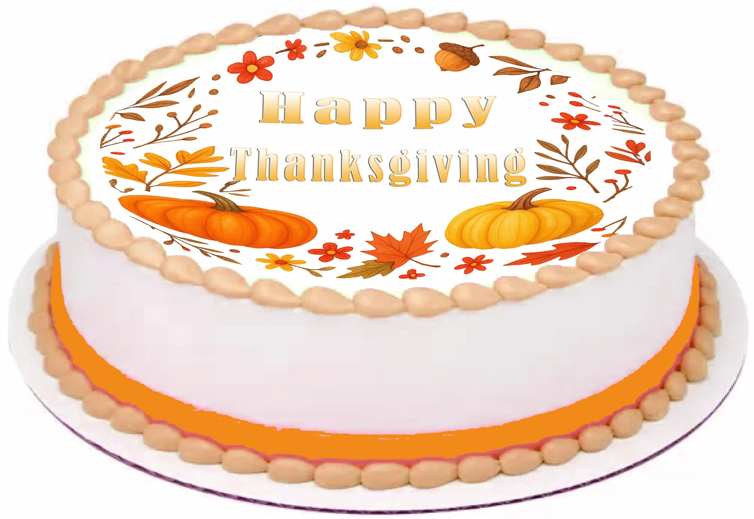 Thanksgiving-themed cake topper with pumpkins and leaves on a edible image