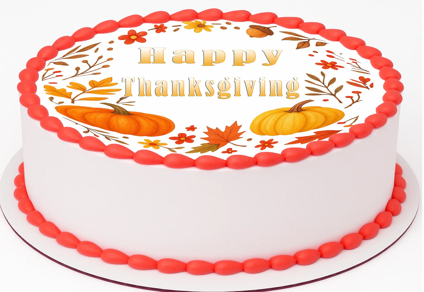 Thanksgiving cake topper with pumpkins and leaves on a edible image