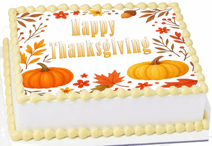 Sheet cake topper with 'Happy Thanksgiving' text and pumpkins edile image