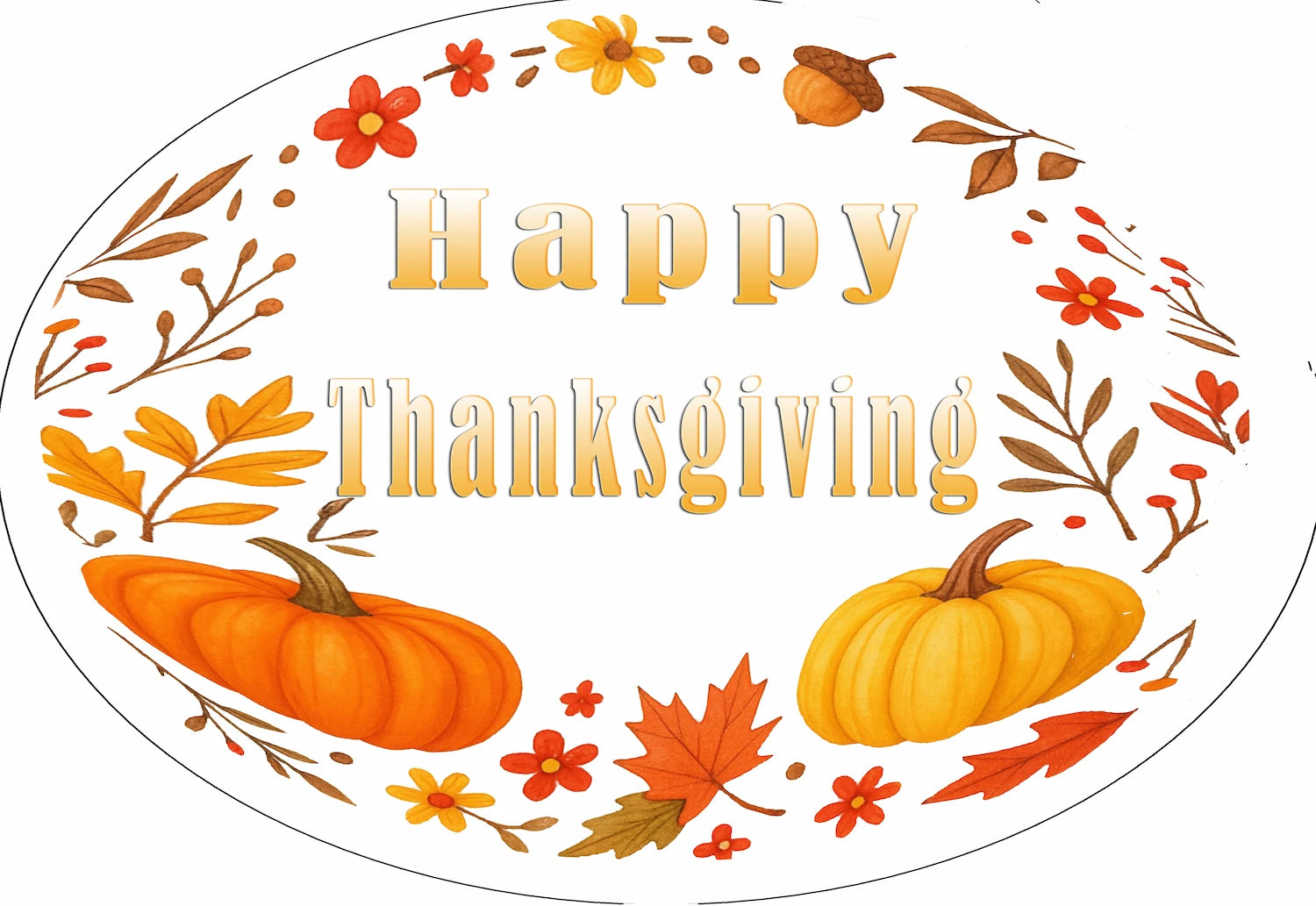 Decorative precut edible image with 'Happy Thanksgiving' text, pumpkins, and autumn leaves