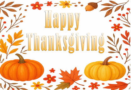 Happy Thanksgiving text with pumpkins and autumn leaves on a edible image cake topper sheet