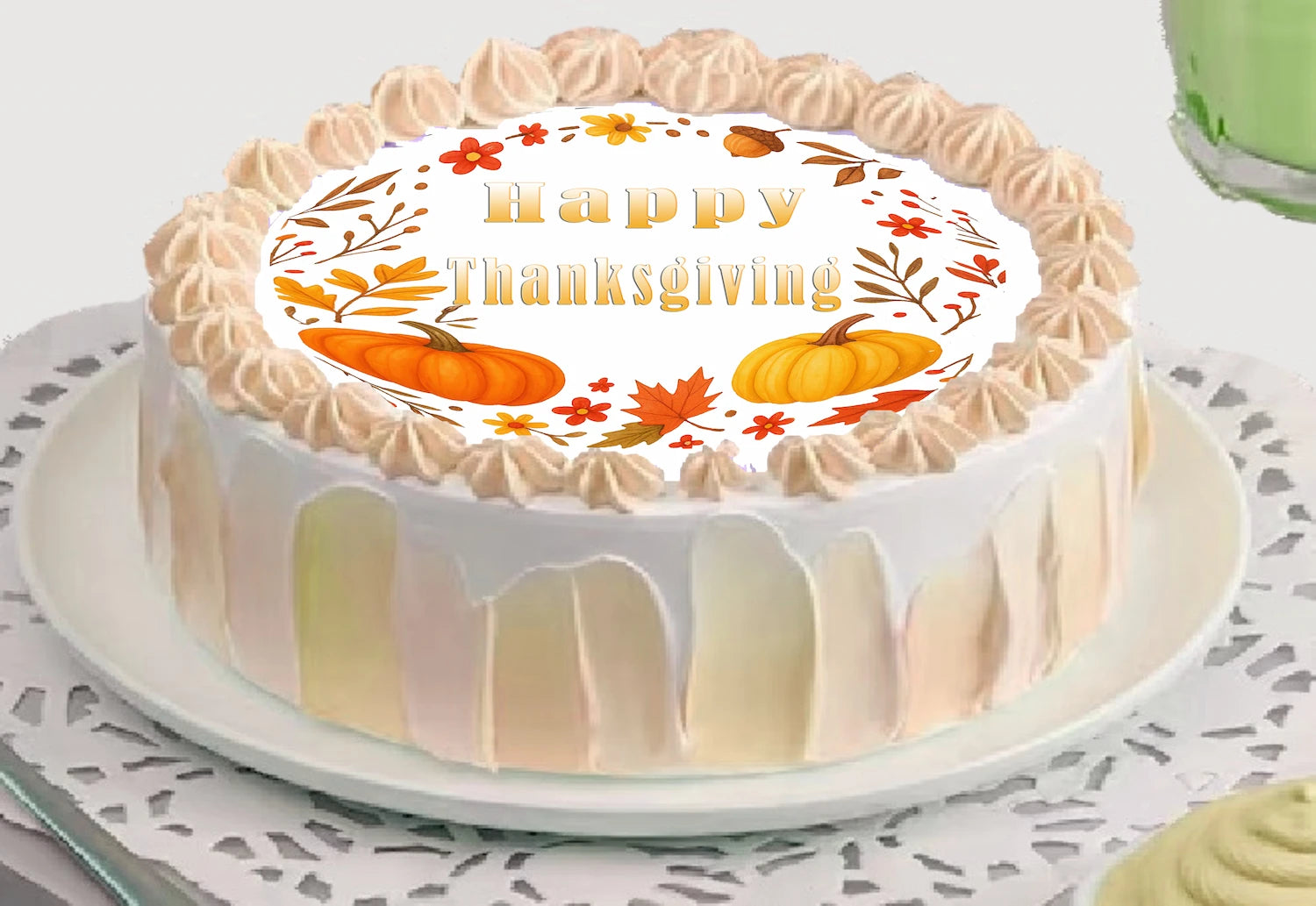 Thanksgiving-themed cake topper with pumpkins and leaves on a edible image