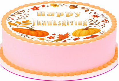 Custom Edible Cake Topper – Thanksgiving Fall in Bloom Design – Pre-cut 8" Round Icing Sheet – RA Pape