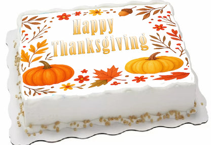 Decorative cake topper with 'Happy Thanksgiving' text and pumpkins on edible image.