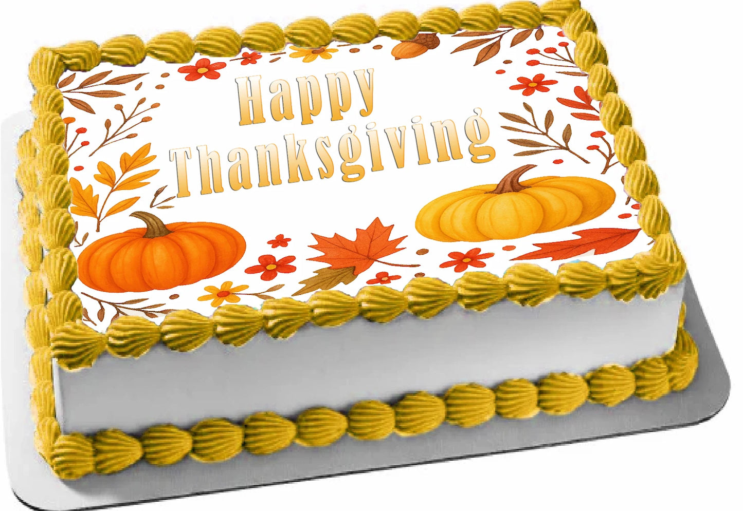 Thanksgiving fall edible image with pumpkins and leaves and 'Happy Thanksgiving' text. 