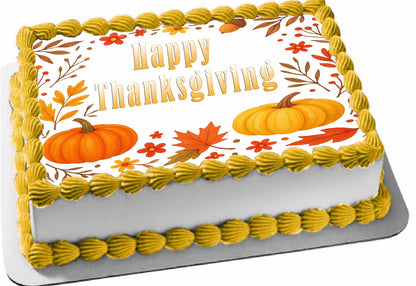 Thanksgiving fall edible image with pumpkins and leaves and 'Happy Thanksgiving' text. 