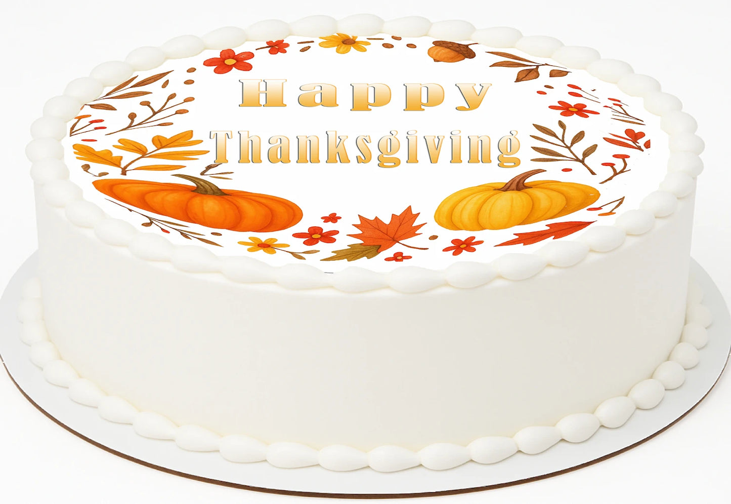 Thanksgiving-themed cake topper with pumpkins and leaves on a edible image