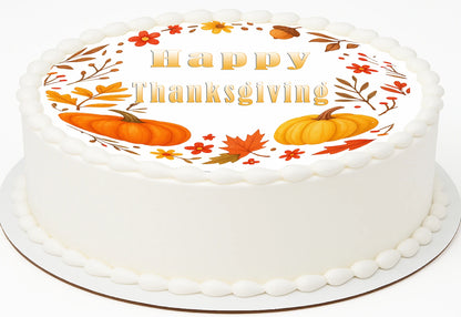 Thanksgiving-themed cake topper with pumpkins and leaves on a edible image