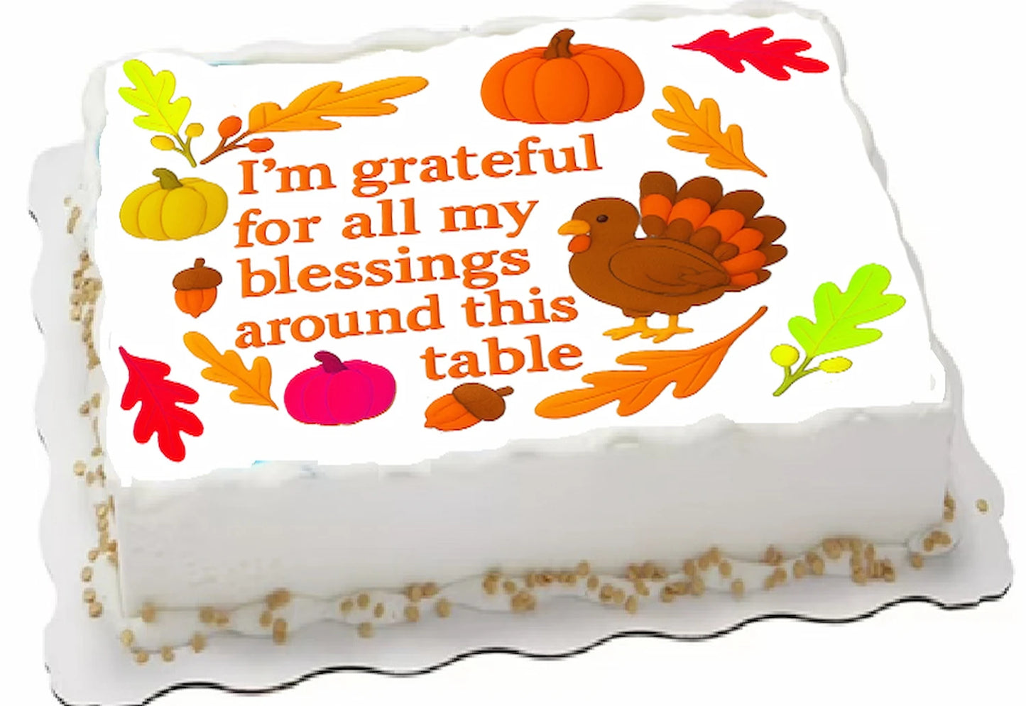 Custom Edible Cake Topper – Thanksgiving Gathered in Gratitude Design – 1/4 Sheet Cake (9x13) – Precut Icing Sheet – RA Pape