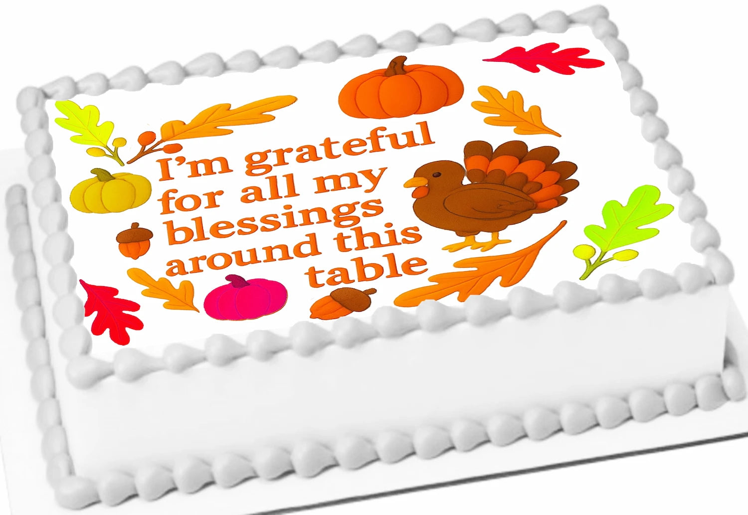 Thanksgiving-themed cake topper with all my blessings text and decorated edible image
