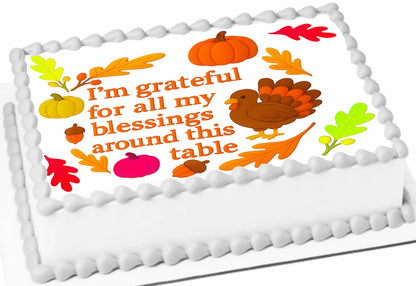 Thanksgiving-themed cake topper with all my blessings text and decorated edible image