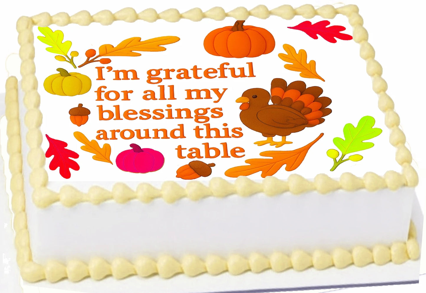 Thanksgiving-themed cake topper with grateful text and decorations on edible image