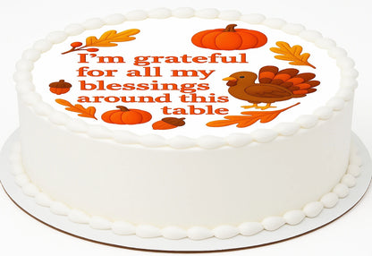 Thanksgiving-themed cake topper with greatful text and decorations on a precut edible image