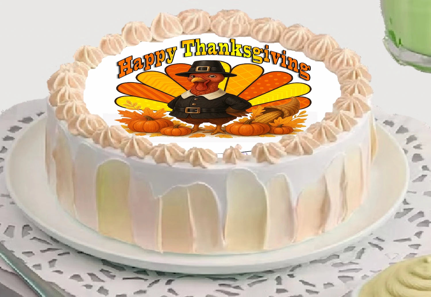 Thanksgiving-themed cake topper with pilgrim and pumpkins design on edible  image.