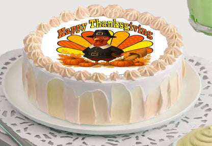 Thanksgiving-themed cake topper with pilgrim and pumpkins design on edible  image.