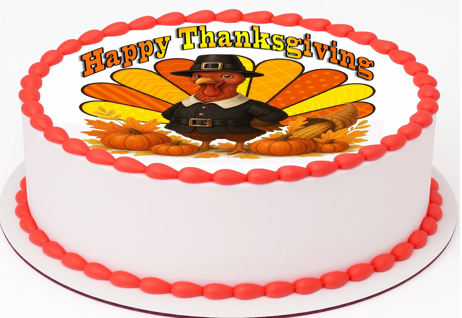 Thanksgiving cake topper with pumpkins, vegetables, and 'Happy Thanksgiving' text.