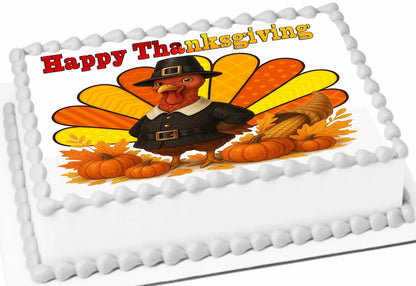 Happy Thanksgiving cake topper with a pilgrim turkey and pumpkins.
