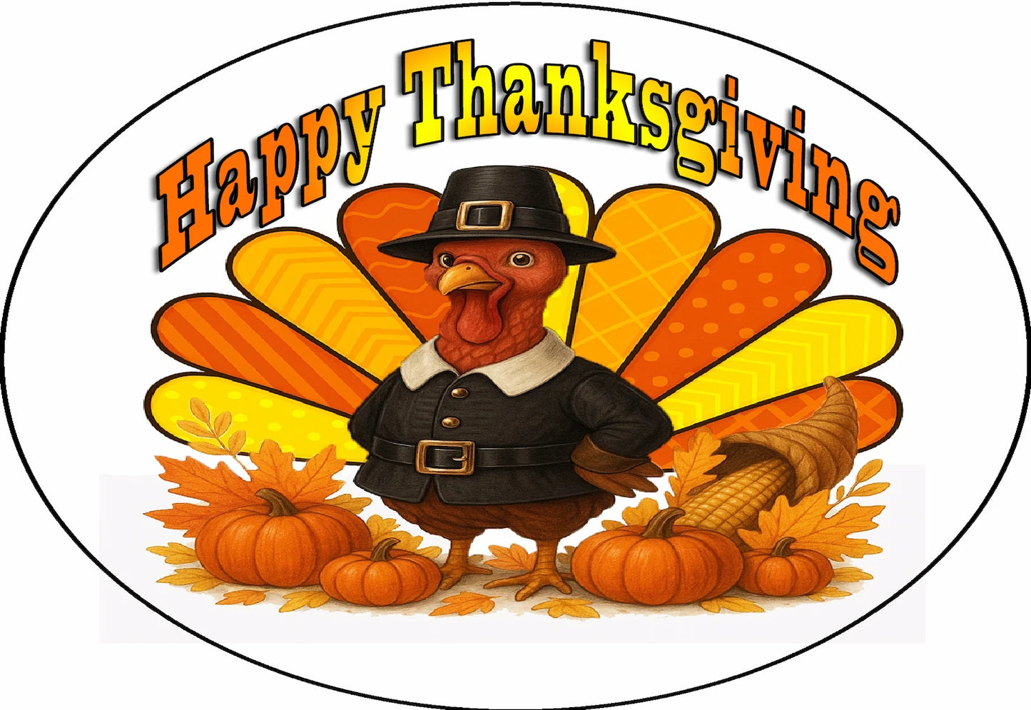 Cartoon turkey in a pilgrim costume with 'Happy Thanksgiving' text and fall elements on an edible icing image