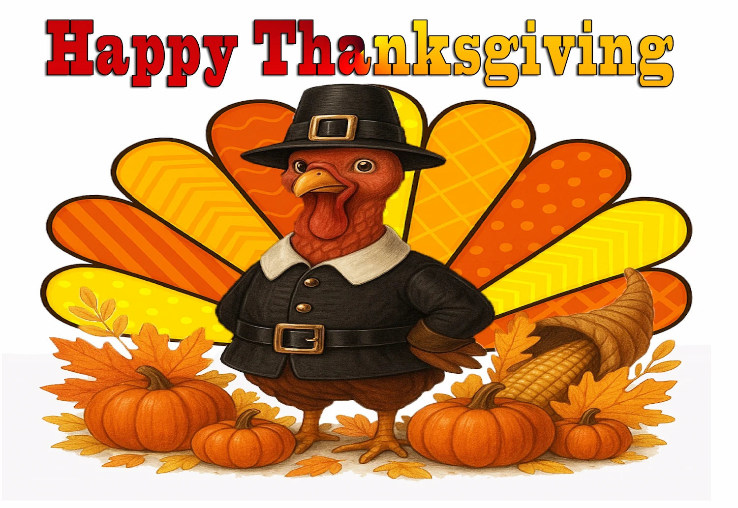 Cartoon turkey in a pilgrim hat with pumpkins and cornucopia, surrounded by autumn leaves, on a edible image with 'Happy Thanksgiving' text.