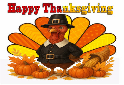 Cartoon turkey in a pilgrim hat with pumpkins and cornucopia, surrounded by autumn leaves, on a edible image with 'Happy Thanksgiving' text.